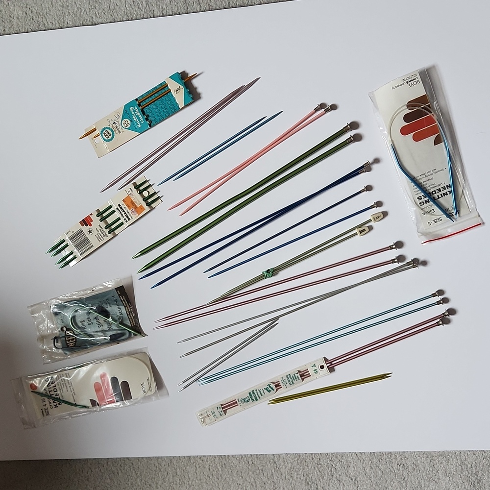 Various knitting needs, over 16 sets plus circulars, cable stitch etc